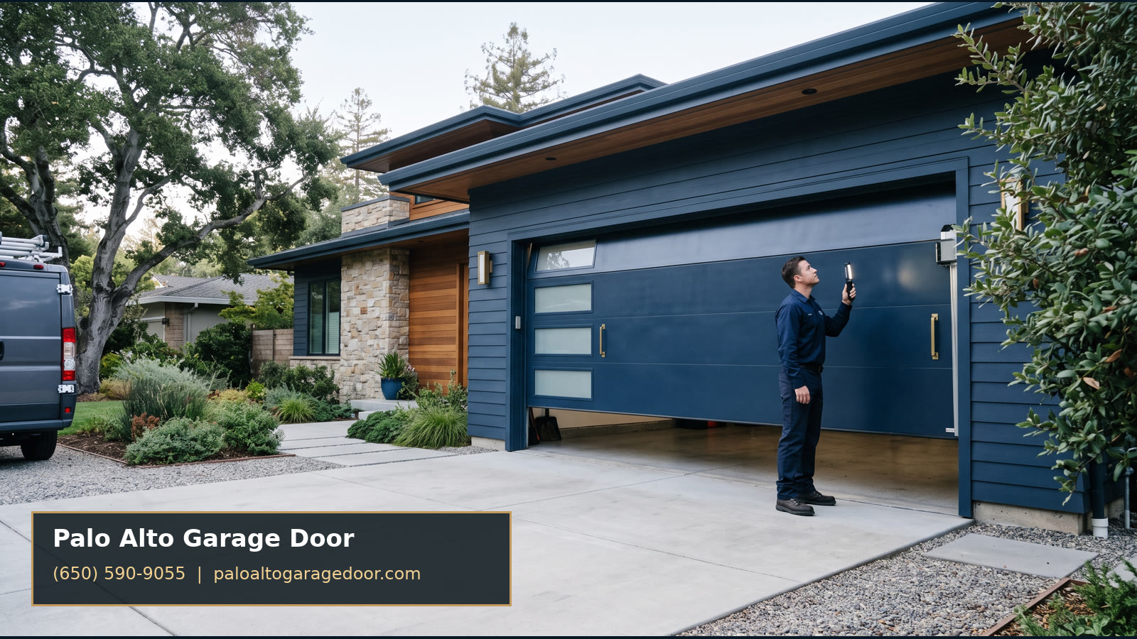 Technician inspecting a modern garage door in Palo Alto